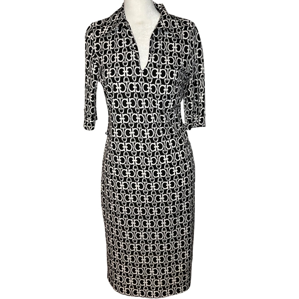 Vintage hot papaya women's black white geometric print dress minimalist medium L